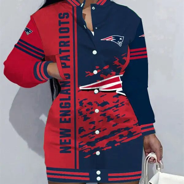 New England Patriots Women Button Down Jacket Dress AZBTBDJD000215