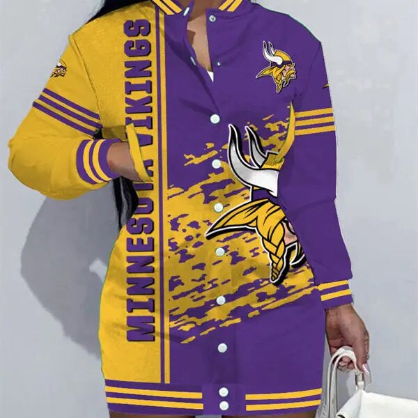 Minnesota Vikings Women Button Down Jacket Dress AZBTBDJD000337