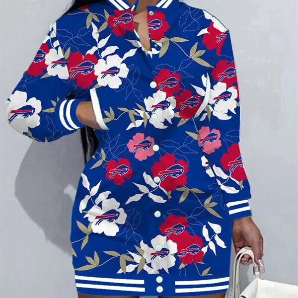 Buffalo Bills Women Button Down Jacket Dress AZBTBDJD000186
