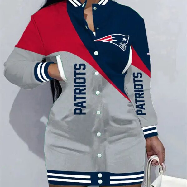 New England Patriots Women Button Down Jacket Dress AZBTBDJD000035