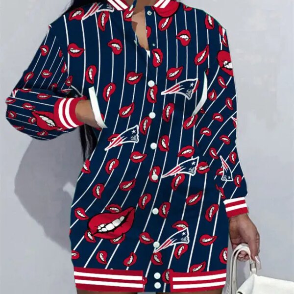 New England Patriots Women Button Down Jacket Dress AZBTBDJD000031