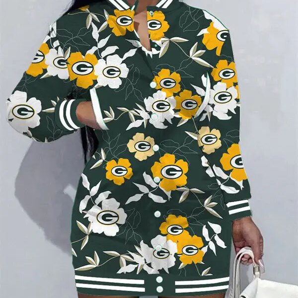 Green Bay Packers Women Button Down Jacket Dress AZBTBDJD000013