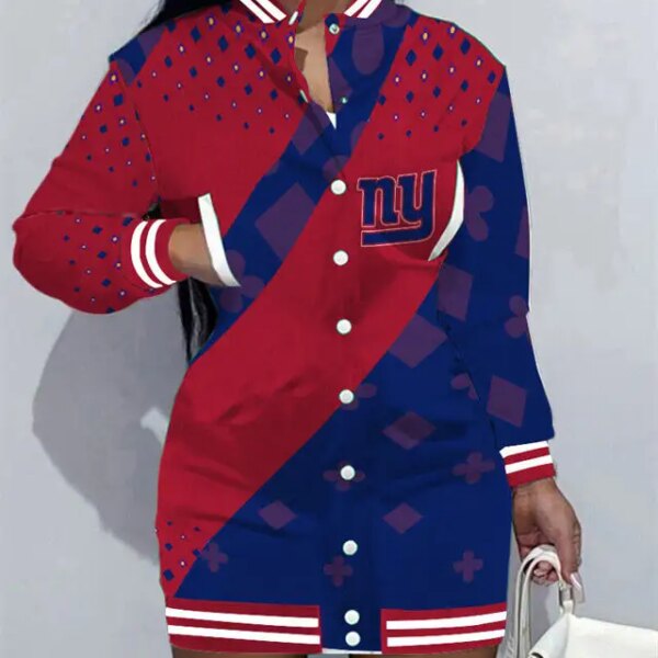 New York Giants Women Button Down Jacket Dress AZBTBDJD000292