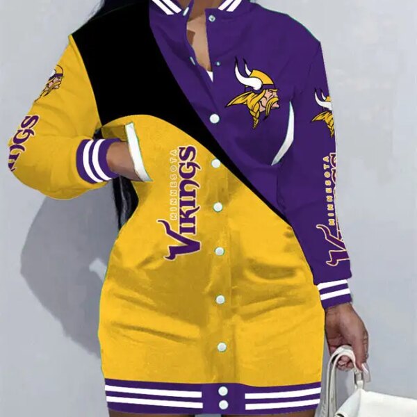 Minnesota Vikings Women Button Down Jacket Dress AZBTBDJD000125