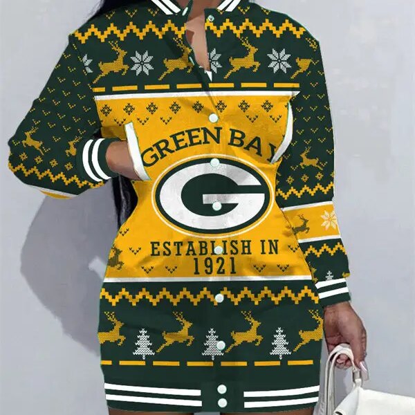 Green Bay Packers Women Button Down Jacket Dress AZBTBDJD000235