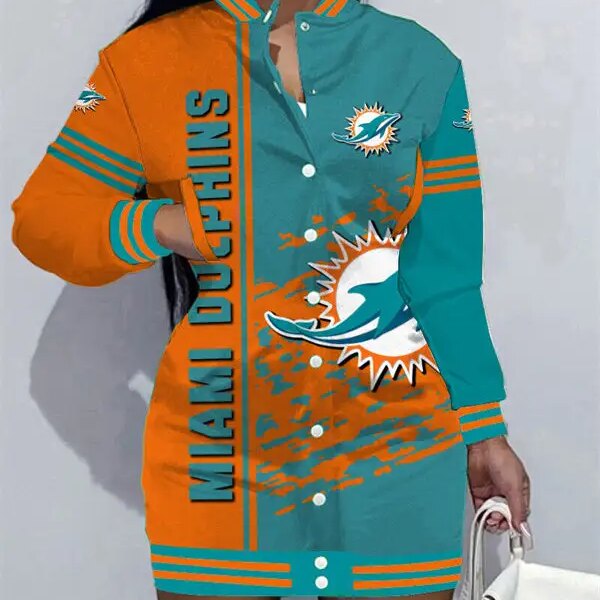 Miami Dolphins Women Button Down Jacket Dress AZBTBDJD000171