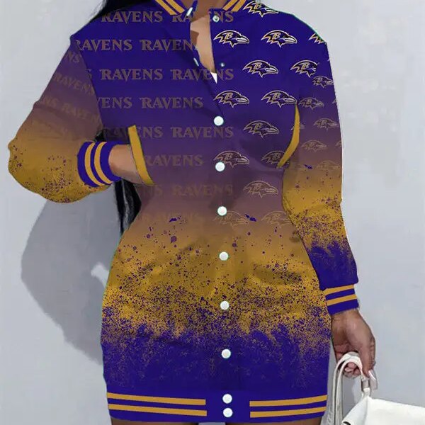 Baltimore Ravens Women Button Down Jacket Dress AZBTBDJD000370