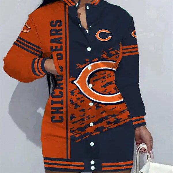Chicago Bears Women Button Down Jacket Dress AZBTBDJD000002