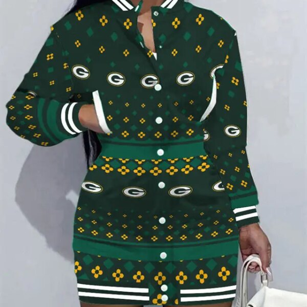 Green Bay Packers Women Button Down Jacket Dress AZBTBDJD000238