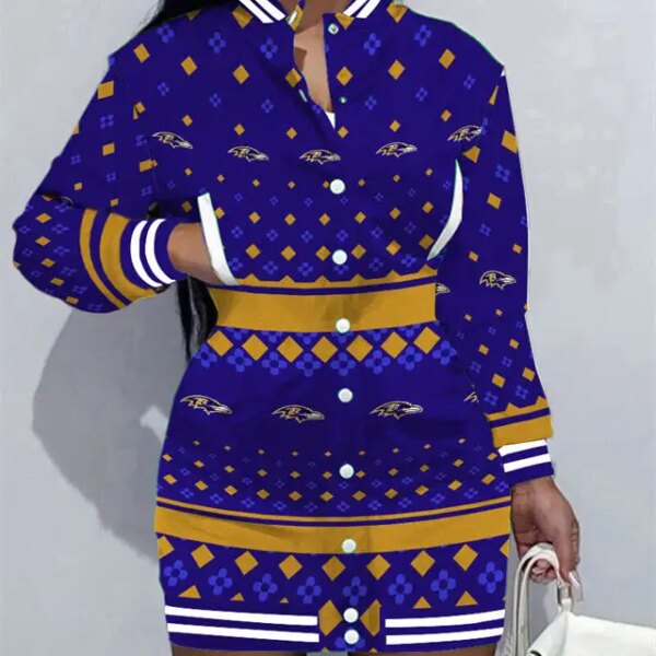 Baltimore Ravens Women Button Down Jacket Dress AZBTBDJD000374