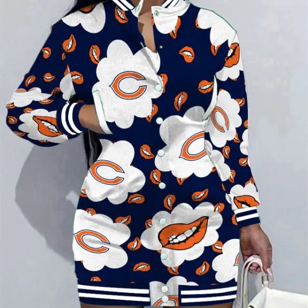 Chicago Bears Women Button Down Jacket Dress AZBTBDJD000009