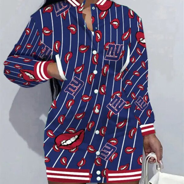 New York Giants Women Button Down Jacket Dress AZBTBDJD000296