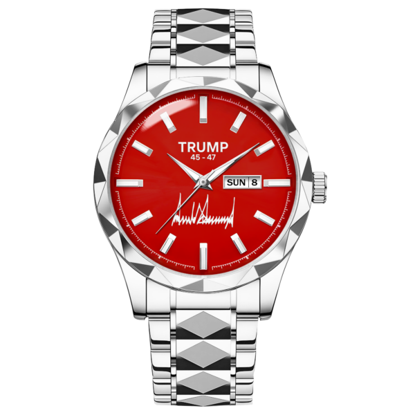 TRUMP 45-47 Watch 2025 Silver Red Dial – Luxury Steel Watch for Men