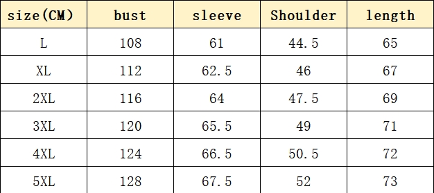 Down Jacket size chart