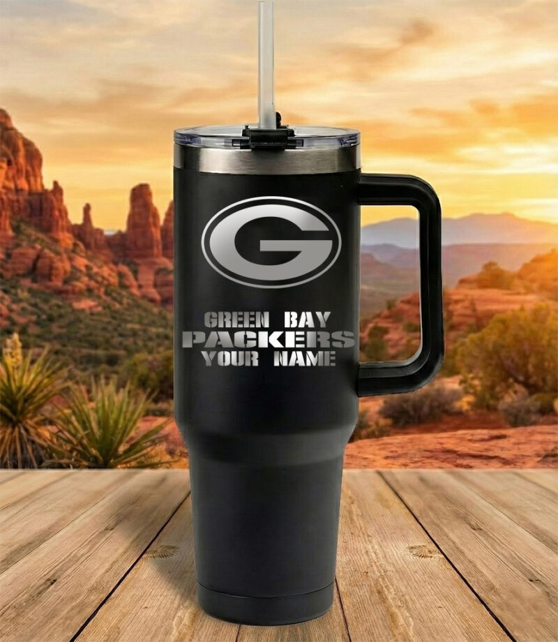 Green Bay Packers Custom Name Football Fan 40oz Insulated Tumbler Black