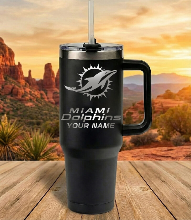 Miami Dolphins Custom Name Football Fan 40oz Insulated Tumbler Black