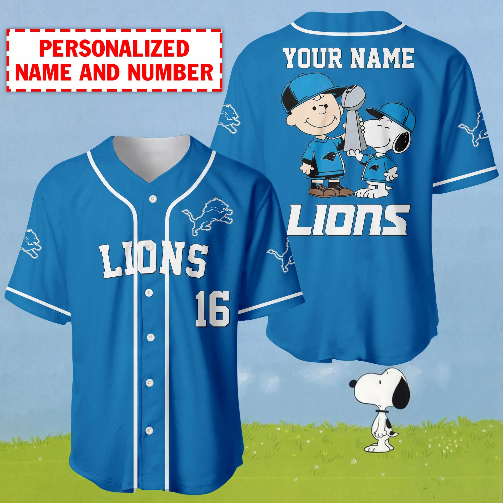 Personalized Name And Number Charlie Brown And Snoopy Detroit Lions Baseball Jersey