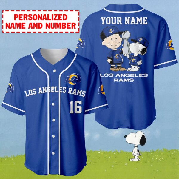 Personalized Name And Number Charlie Brown And Snoopy Los Angeles Rams Baseball Jersey