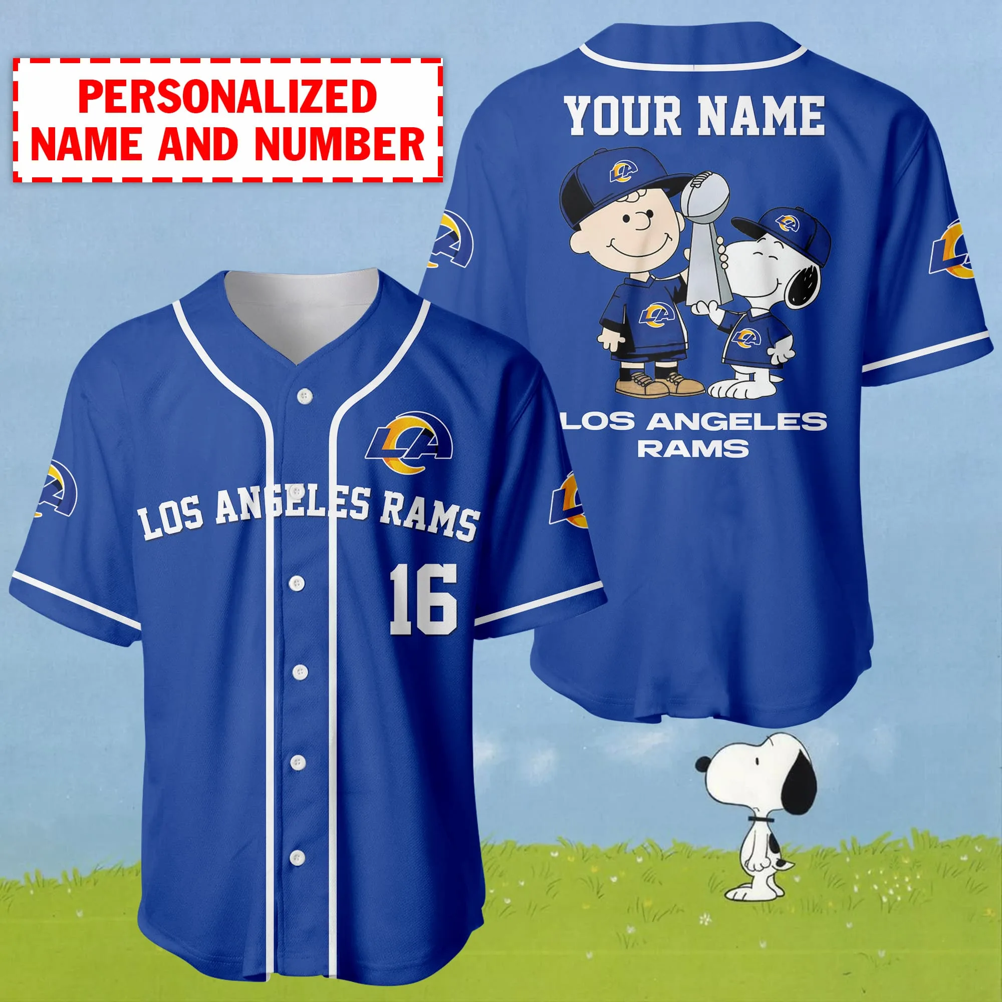 Personalized Name And Number Charlie Brown And Snoopy Los Angeles Rams Baseball Jersey