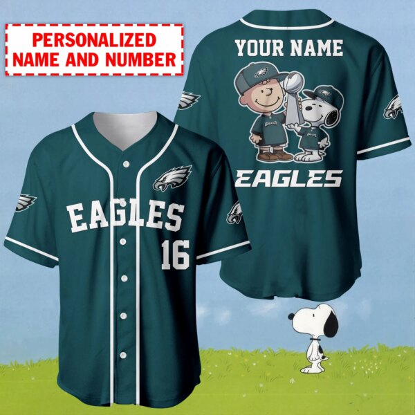 Personalized Name And Number Charlie Brown And Snoopy Philadelphia Eagles Baseball Jersey