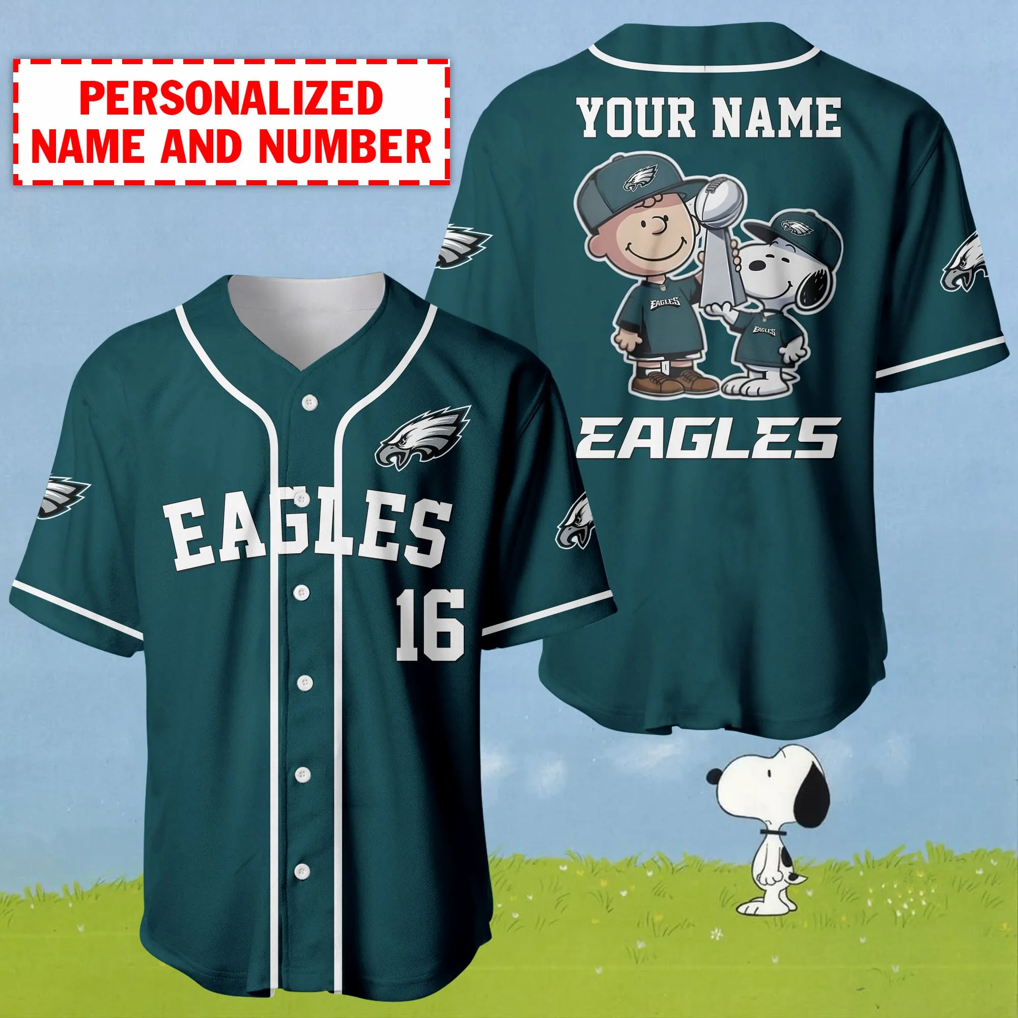 Personalized Name And Number Charlie Brown And Snoopy Philadelphia Eagles Baseball Jersey