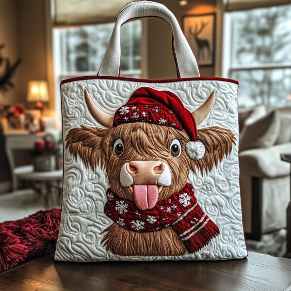 Yuletide Highland Cow Quilted Tote Bag