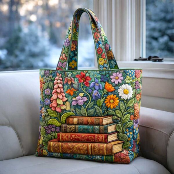 Floral Bookshelf Quilted Tote Bag