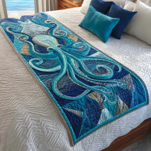 Blue Octopus Quilted Bed Runner