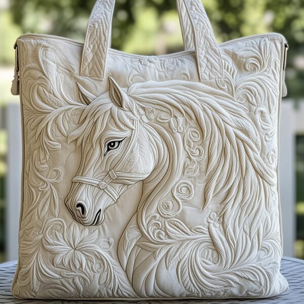 Elegant White Horse Quilted Tote Bag