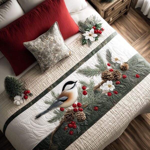 Snowy Pine Perch Quilted Bed Runner