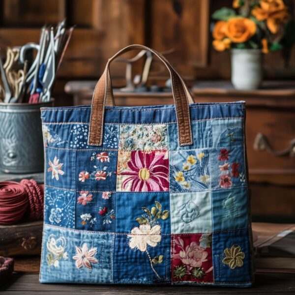 Rustic Floral Patchwork Quilted Tote Bag