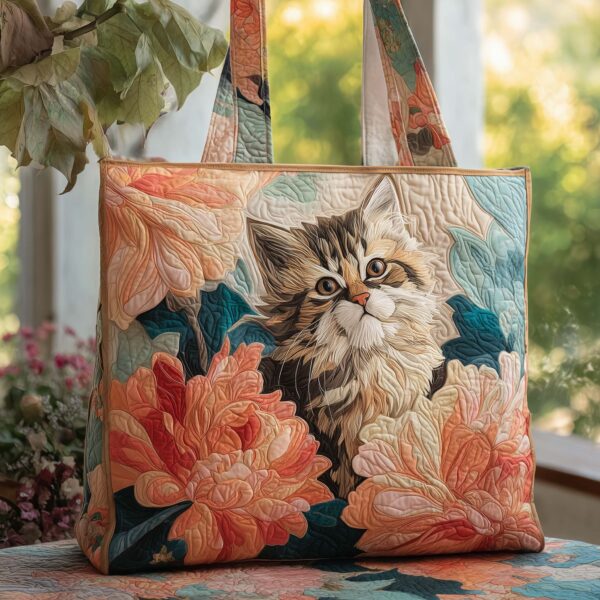 Peony Kitten Quilted Tote Bag