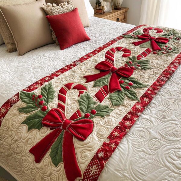 Candy Cane Joy Quilted Bed Runner