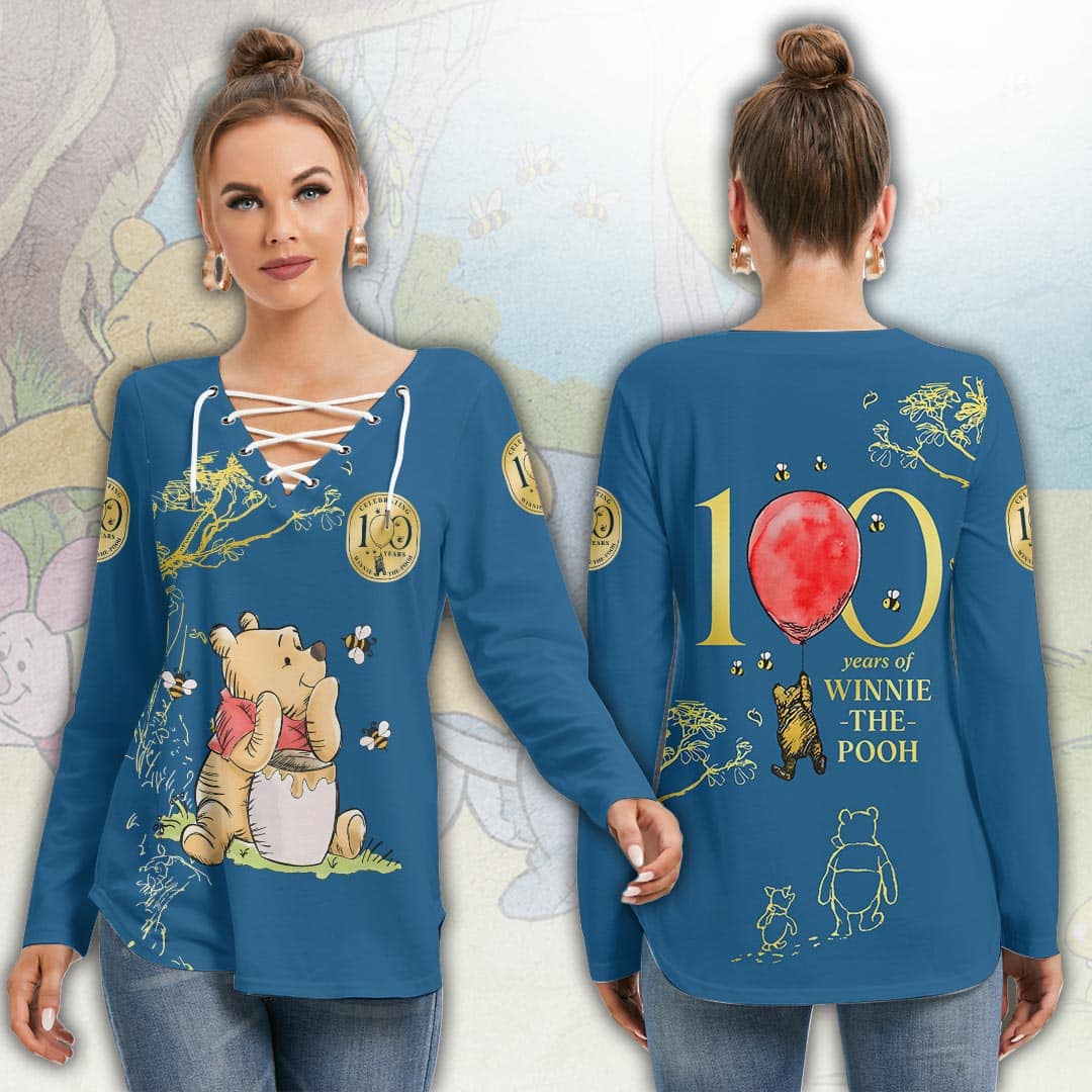 Winnie-the-Pooh 100th Anniversary Women’s Long Sleeve Neckline Tie Sweatshirt